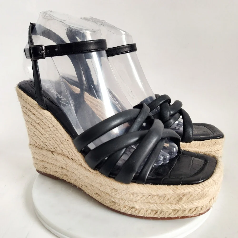 Sam Edelman Sandals Size 7.5‎ Wedge Espadrille Black Strappy Platform Square Toe